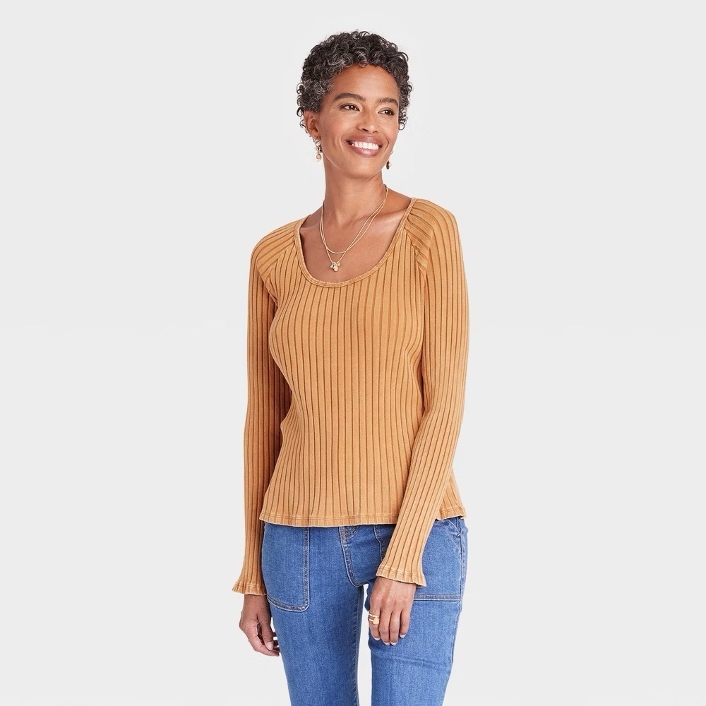 Knox Rose, Slim Fit Long Sleeve Ribbed T-Shirt Brown